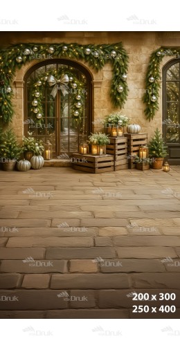 Tło Świąteczne Boże Narodzenie – Stylowe Patio z Lampionami i Girlandami B_1004