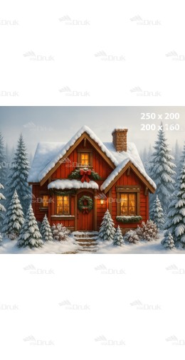 Tło Świąteczne Boże Narodzenie – Drewniany Domek w Śnieżnym Lesie B_1008
