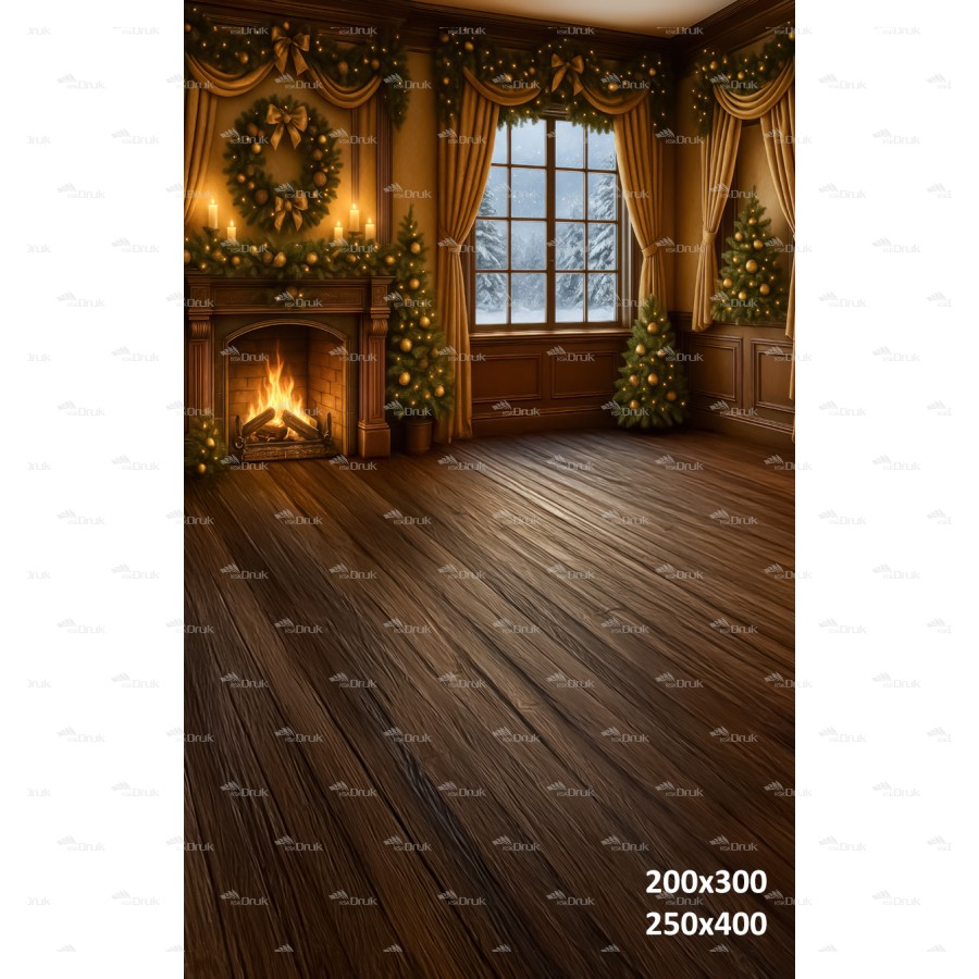Tło Świąteczne Boże Narodzenie – Elegancki Salon z Kominkiem i Choinkami B_1055