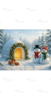 Tło fotograficzne – Igloo z bałwanami i prezentami w zimowym lesie B_1109
