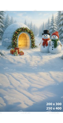 Tło fotograficzne – Igloo z bałwanami i prezentami w zimowym lesie B_1109