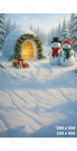 Tło fotograficzne – Igloo z bałwanami i prezentami w zimowym lesie B_1109