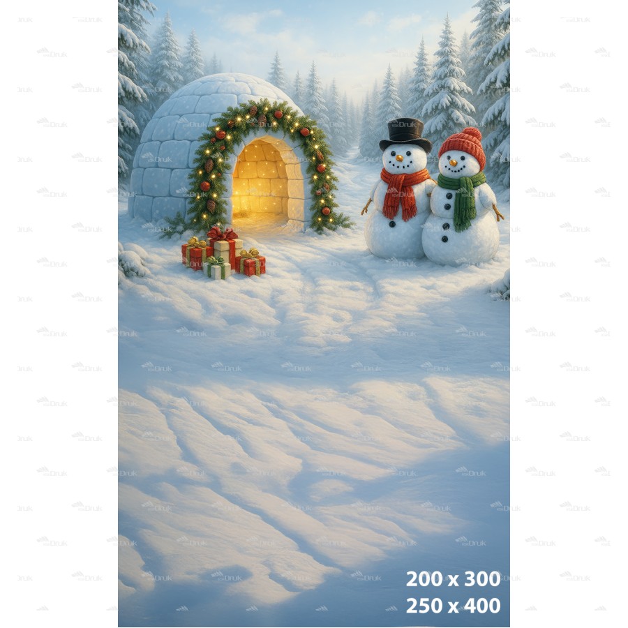 Tło fotograficzne – Igloo z bałwanami i prezentami w zimowym lesie B_1109