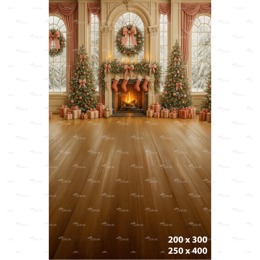 Tło fotograficzne – Elegancki salon z kominkiem i choinkami B_1114