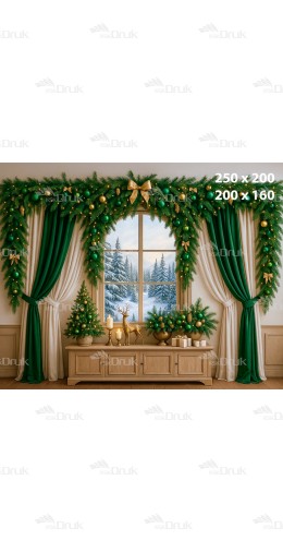 Tło fotograficzne – Zimowy salon z oknem i zielono-złotą dekoracją świąteczną  B_1122