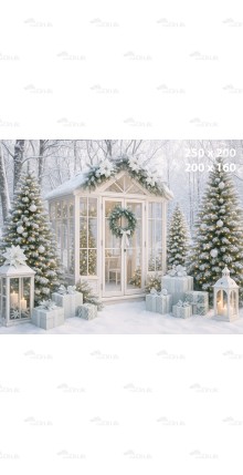Tło fotograficzne – Biały domek zimowy wśród choinek B_1146