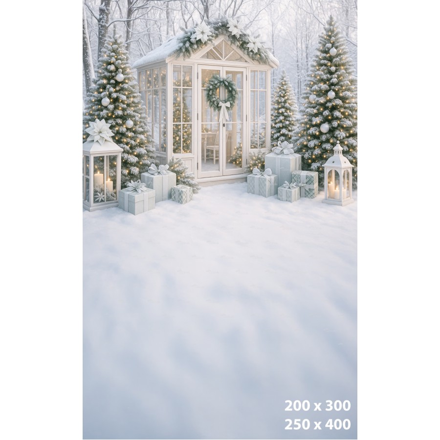 Tło fotograficzne – Biały domek zimowy wśród choinek B_1146