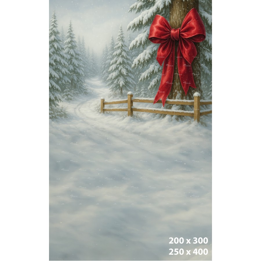 Tło fotograficzne – Leśna ścieżka zimowa z czerwoną kokardą B_1147