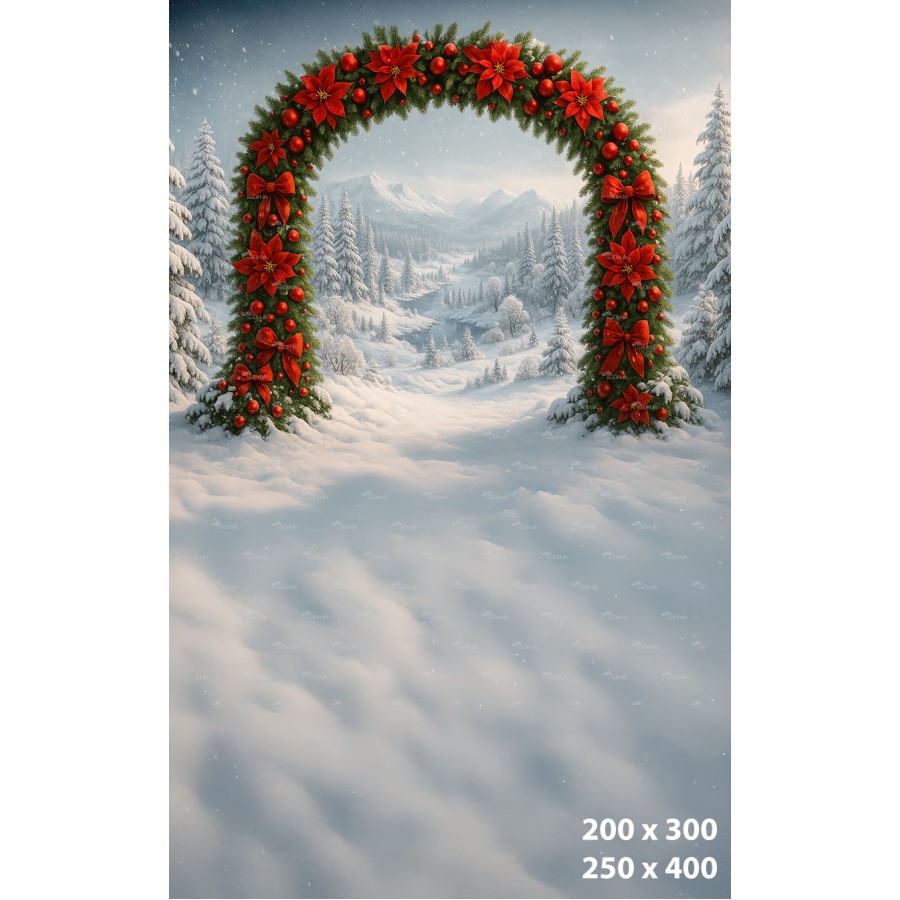 Tło fotograficzne – Świąteczna brama z widokiem na zimowy krajobraz B_1156