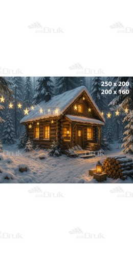 Tło fotograficzne zimowe – drewniana chatka w lesie z lampkami gwiazdkami | B_1197