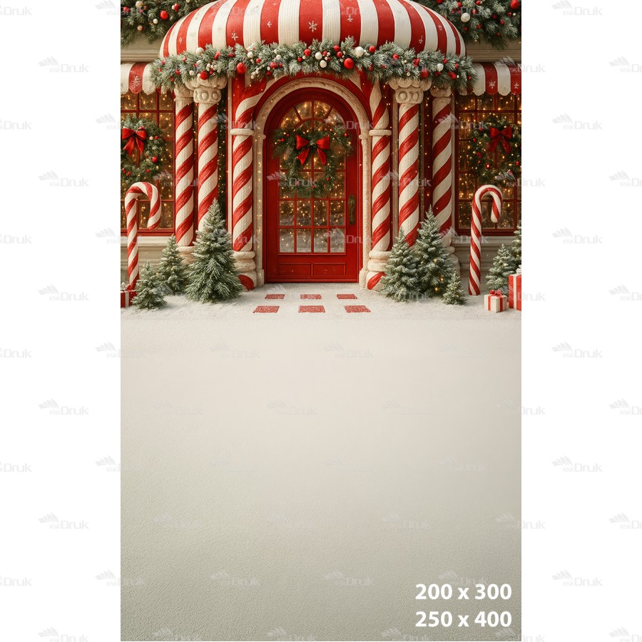 Tło fotograficzne świąteczne – wejście z kolumnami candy cane i girlandami | B_1198