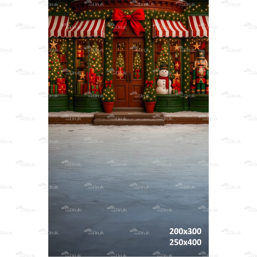 Świąteczne tło fotograficzne – witryna sklepu z prezentami, choinkami i dekoracjami | B_1200