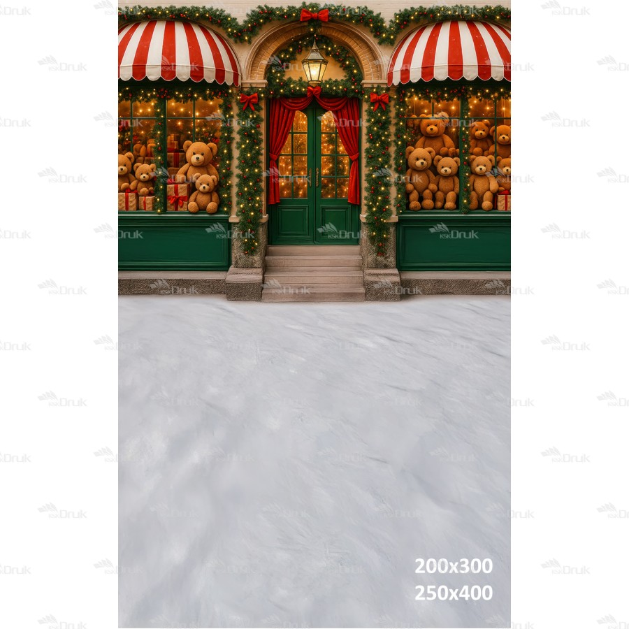 Świąteczne tło fotograficzne – witryna z misiami i prezentami | B_1201