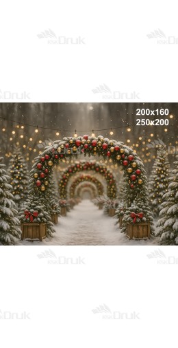 Tło fotograficzne świąteczne – alejka z łukami z czerwono-złotych bombek | B_1220