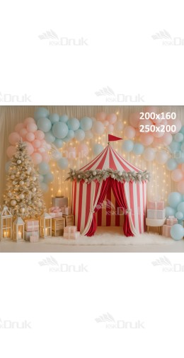 Świąteczne tło fotograficzne – pastelowy namiot z prezentami i balonami | B_1223