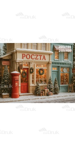 Świąteczne tło fotograficzne – zimowa uliczka z pocztą i sklepikami | B_1235