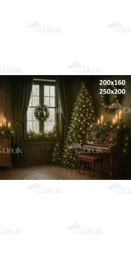Świąteczne tło fotograficzne – klasyczny salon z pianinem i choinką | B_1246