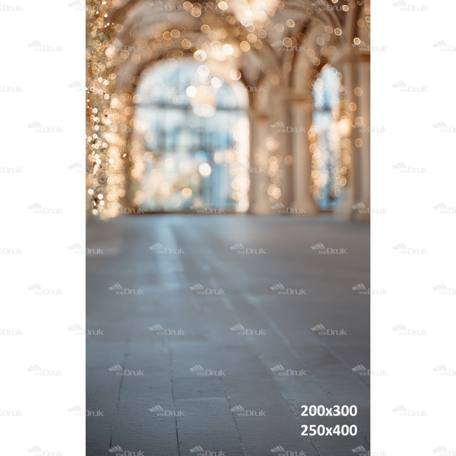 Tło świąteczne z pałacowym korytarzem i świetlnym bokeh | B_1294