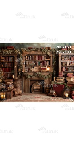Tło świąteczne z biblioteką, kominkiem i stosem książek | B_1333