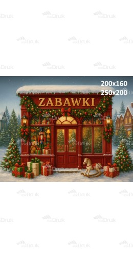Tło Świąteczne B_791 – Czerwony sklep z zabawkami w śnieżnej scenerii