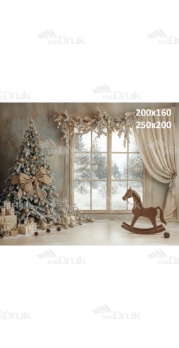 Tło Świąteczne B_797 – Elegancka choinka przy oknie z drewnianym konikiem