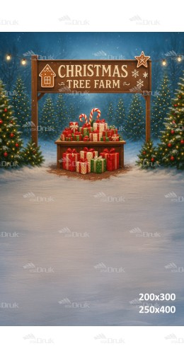 Tło Świąteczne B_803 – Christmas Tree Farm z Prezentami
