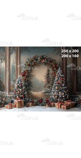 Tło fotograficzne świąteczne B_816 – zimowy leśny łuk z choinkami