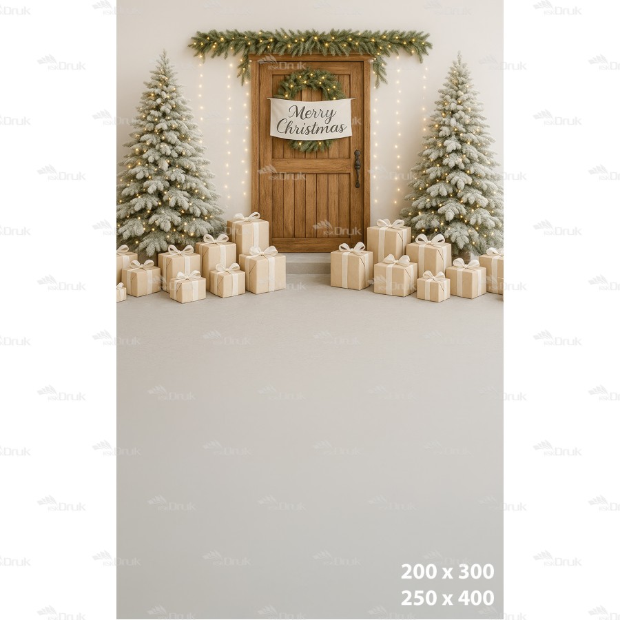 Tło fotograficzne – Świąteczne wejście z prezentami i napisem Merry Christmas B_825