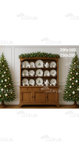 Tło fotograficzne Boże Narodzenie – Drewniany Kredens z Porcelaną i Choinki ( B_851