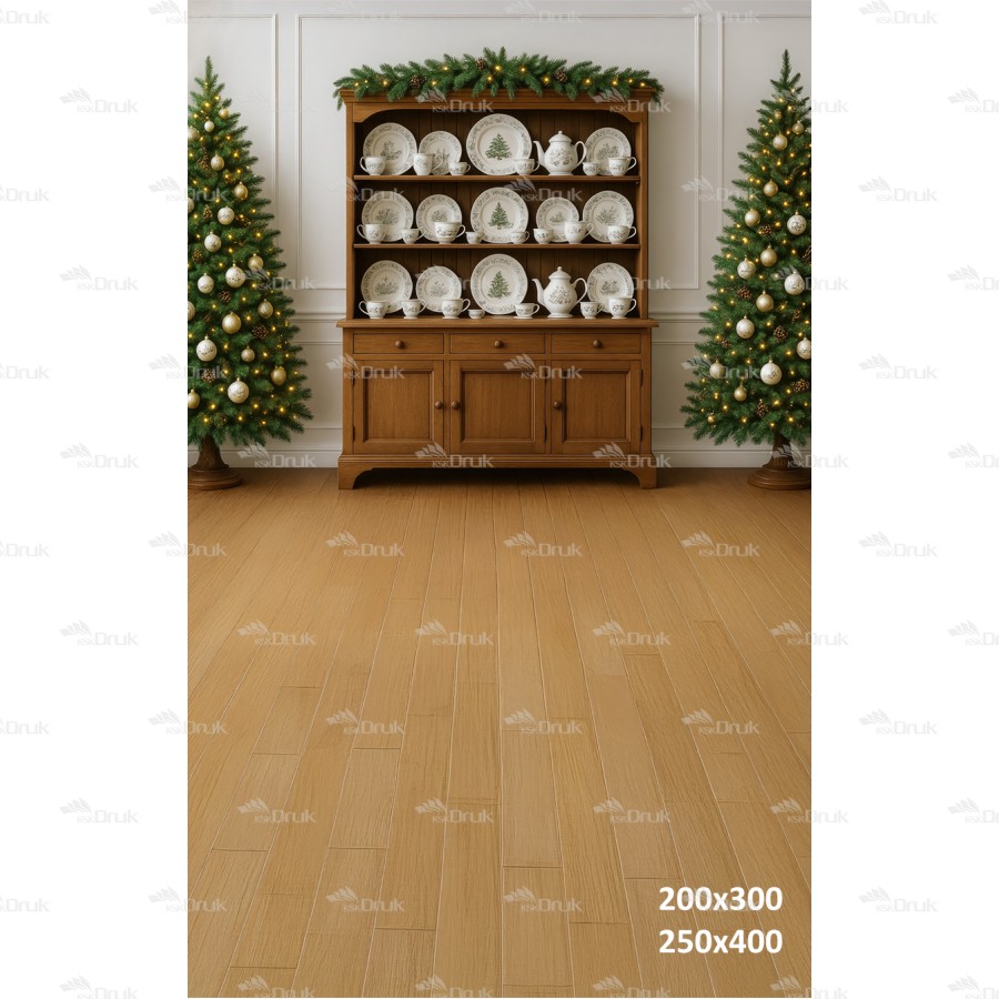 Tło fotograficzne Boże Narodzenie – Drewniany Kredens z Porcelaną i Choinki ( B_851