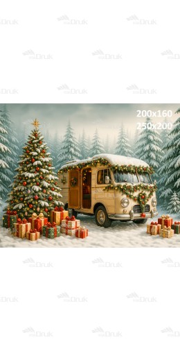 Tło fotograficzne Boże Narodzenie – Retro Van, Choinka i Prezenty w Zimowym Lesie B_860