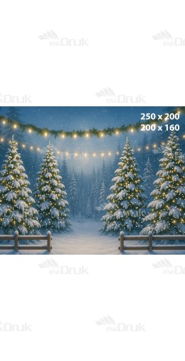 Tło fotograficzne Boże Narodzenie Zimowy Las z Oświetleniem i Płotkiem B_919