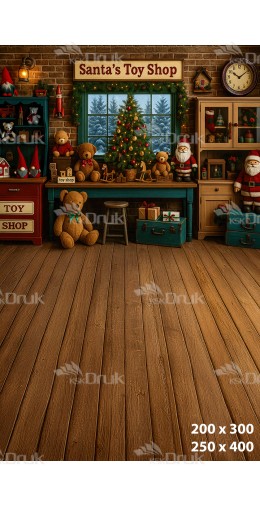 Tło fotograficzne Boże Narodzenie Santa's Toy Shop z Choinką i Zabawkami B_925