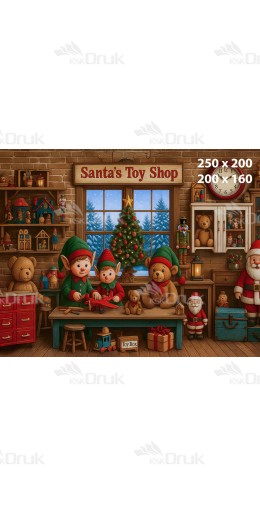 Tło fotograficzne Boże Narodzenie Santa’s Toy Shop z Elfami i Zabawkami B_927