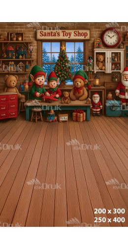 Tło fotograficzne Boże Narodzenie Santa’s Toy Shop z Elfami i Zabawkami B_927
