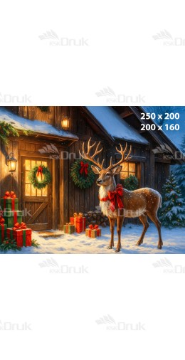 Tło fotograficzne Boże Narodzenie Renifer przy Drewnianej Chacie z Prezentami B_928