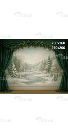 Tło fotograficzne Boże Narodzenie z Zimowym Pejzażem i Zieloną Kurtyną – Teatralna Scena Natury B_942