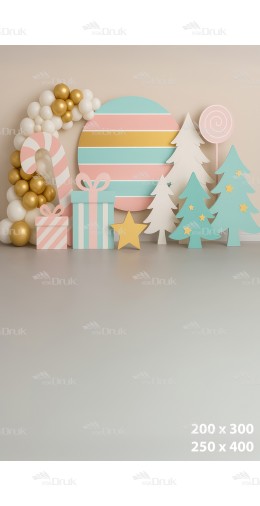 Tło Świąteczne Boże Narodzenie w Pastelowych Kolorach z Prezentami i Balonami – Styl Candy Christmas B_976