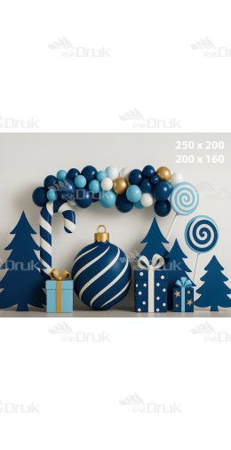 Tło Świąteczne Boże Narodzenie w Odcieniach Granatu z Bombką, Balonami i Prezentami – Styl Elegant Christmas B_979