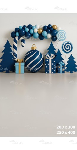 Tło Świąteczne Boże Narodzenie w Odcieniach Granatu z Bombką, Balonami i Prezentami – Styl Elegant Christmas B_979