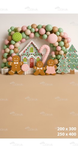 Tło Świąteczne Boże Narodzenie z Domkiem z Piernika, Balonami i Piernikowymi Ludzikami – Styl Pastel Candy B_980