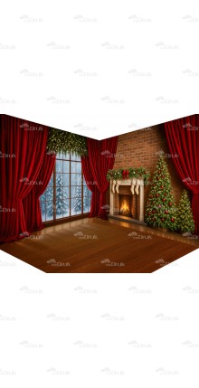 Tło fotograficzne – Klasyczny salon świąteczny z kominkiem i czerwonymi zasłonami NR_89