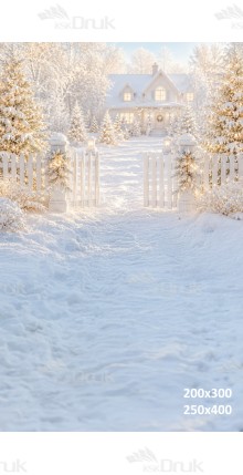Tło fotograficzne „Zimowy domek za śnieżną furtką” | B_1361