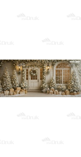 Tło fotograficzne XXL – elegancka weranda zimowa ze złotymi prezentami | XXL_43