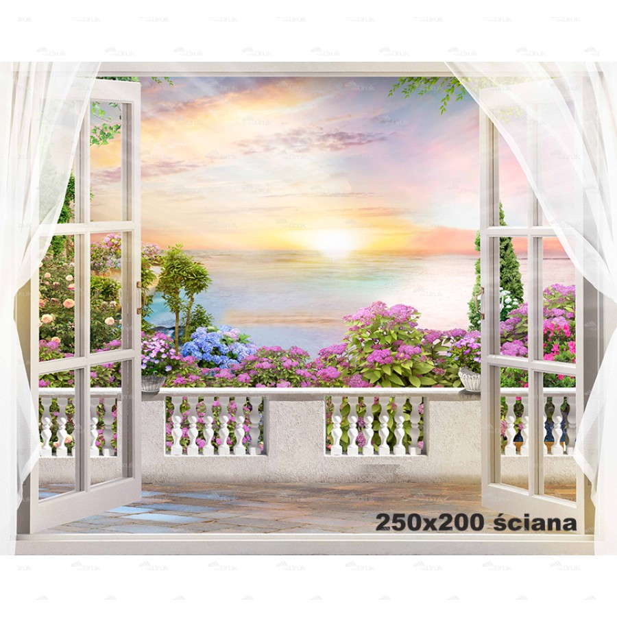 Tło fotograficzne 2216 okno, widok, zachód słońca, wybrzeże, kwiaty, ogród,  balkon, zasłony